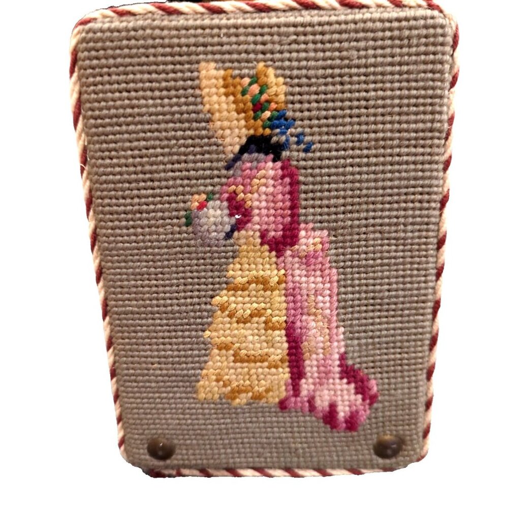 Vintage needlepoint doorstop Victorian Woman Biege with pink,yellow,blue -lp
